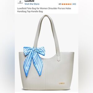 NIP Luxebold Beige Shoulder Bag Tote With Top Handle With Blue Scarf Accent